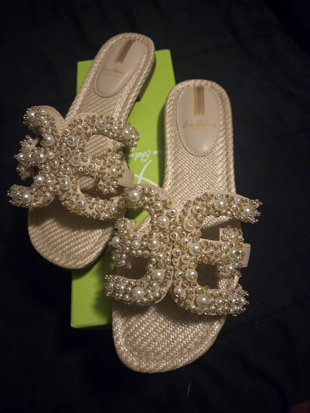 Sam Edelman Gold Pearl & Crystal Embellished Slide Sandals